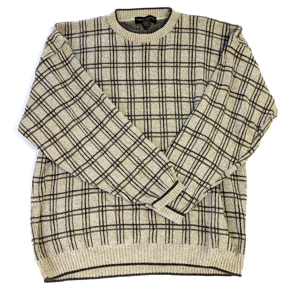 Liberty Sweaters Mens XL Plaid Crewneck Sweater Tan Brown Cotton Blend USA Made*